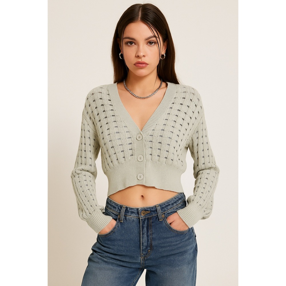 Forever 21 Sage Green Open-Knit Cropped Cardigan Size M Y2K Preppy Twee Feminine